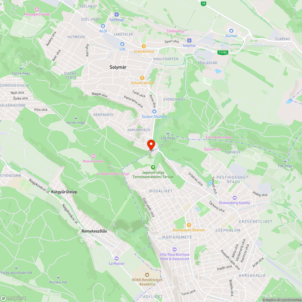 Solymár Erdőalja út -kátyusodás bejelentés helye