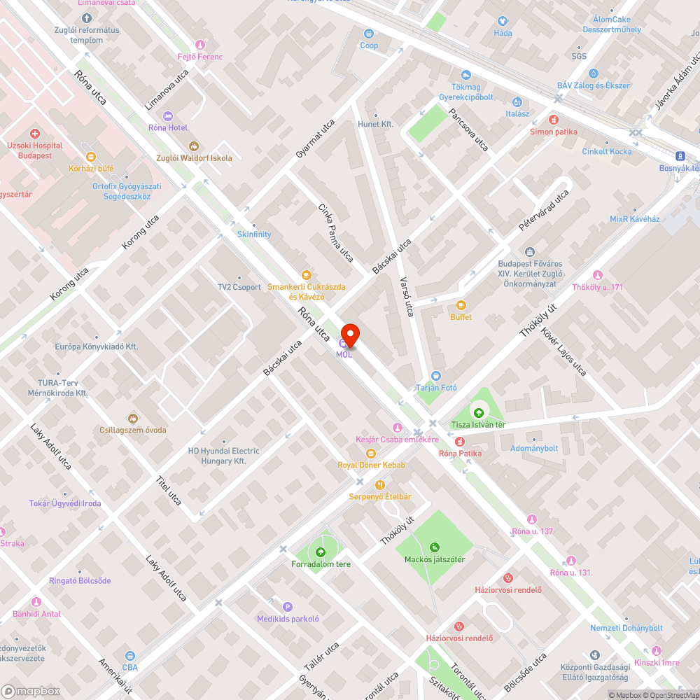 Róna utcai kerékpársáv közepén veszélyes kátyú bejelentés helye