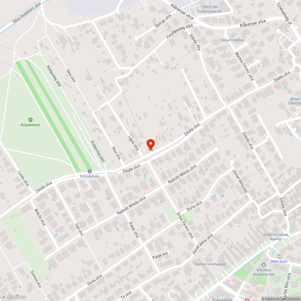 Zöldfa utcai kátyú bejelentés helye