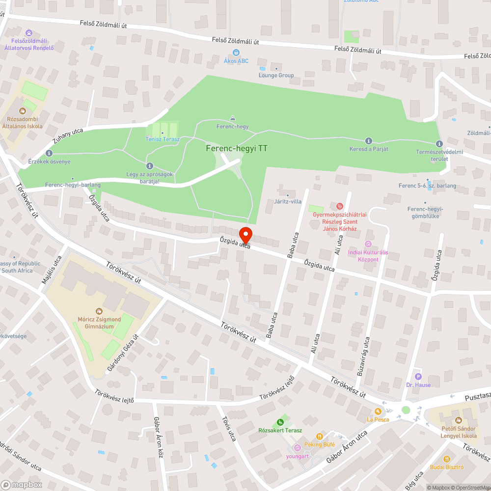 Az Őzgida utcával párhuzamos erdei út eltorlaszolása (Ferenchegyi erdő) bejelentés helye