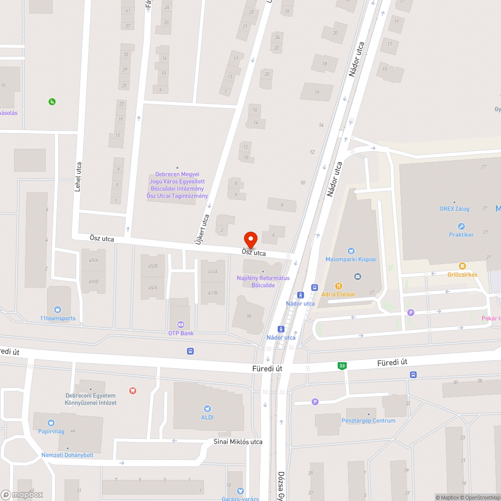 Debrecen, Ősz u. elején futóműroppantó kátyú bejelentés helye