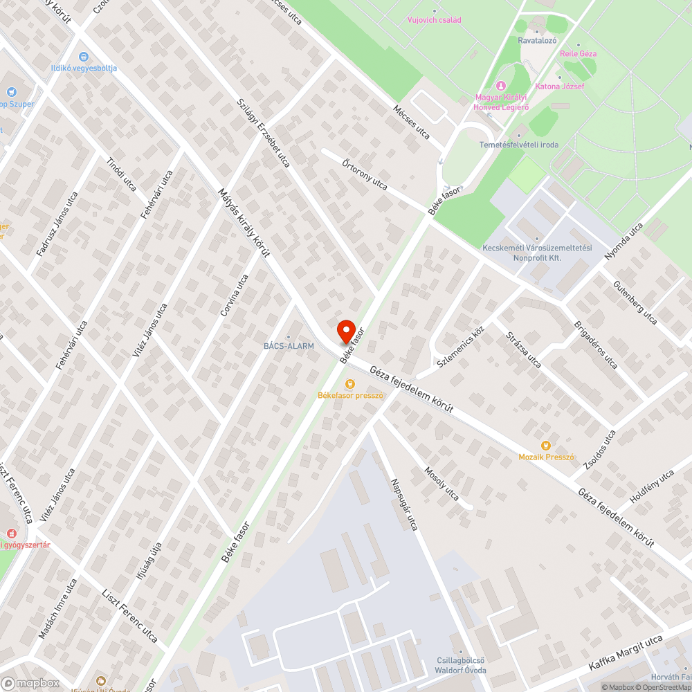 Hiányzó járdaszakaszok a Béke fasor és a Mátyás király körút kereszteződésében bejelentés helye