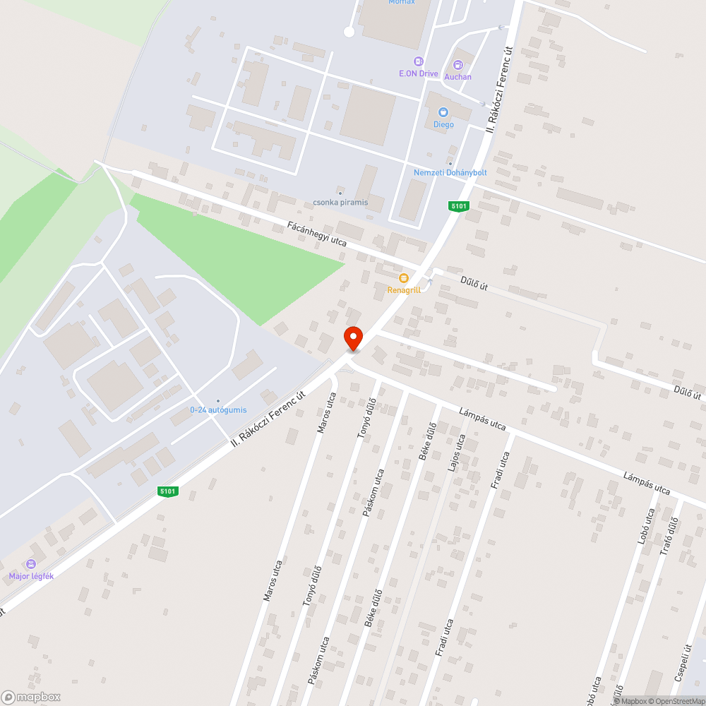 Kátyúszörny a II. Rákóczi Ferenc úton bejelentés helye