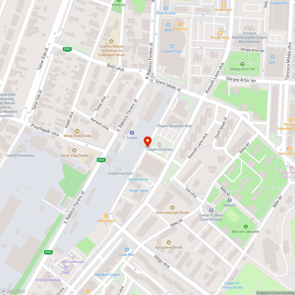 Járdára belógó megbokrosodott fa Csepelen a víztoronynál bejelentés helye