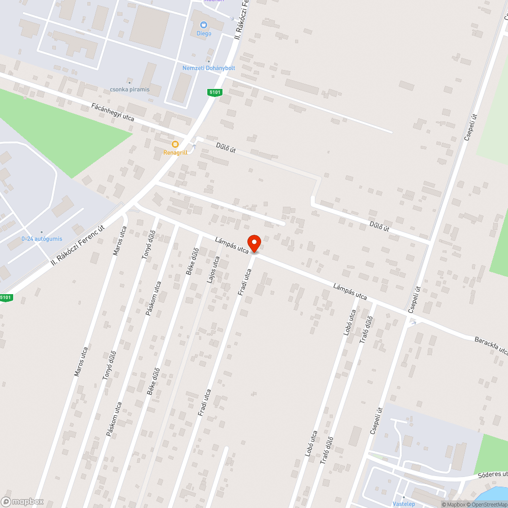 Kerékpárút és járda hiánya a Lámpás utcában bejelentés helye