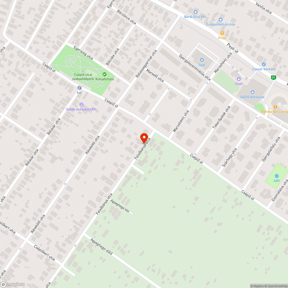 Felsőbánya utcai kráter bejelentés helye