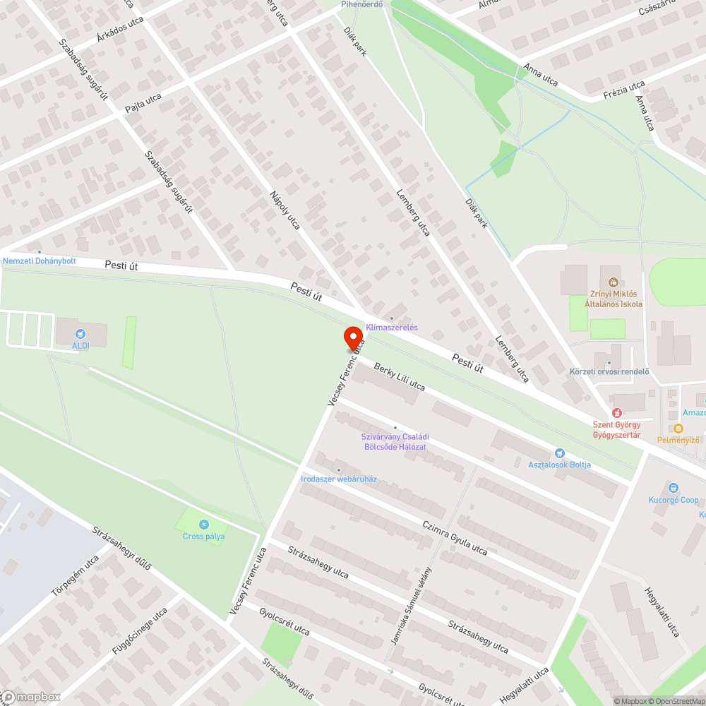 A Vécsey utca végén lévő kátyú bejelentés helye