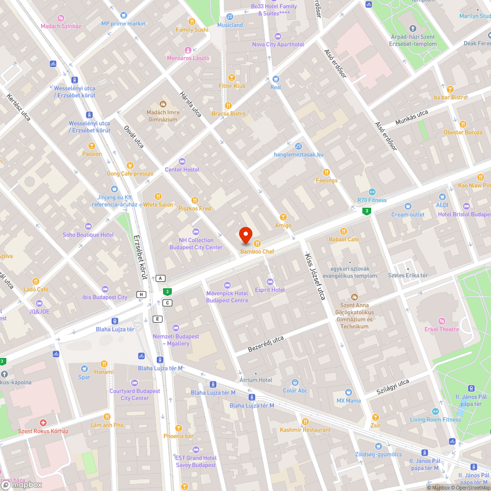 VI. Ker, Osvát utca- Rákóczi út kereszteződésénél lévő zebrán kátyúk bejelentés helye