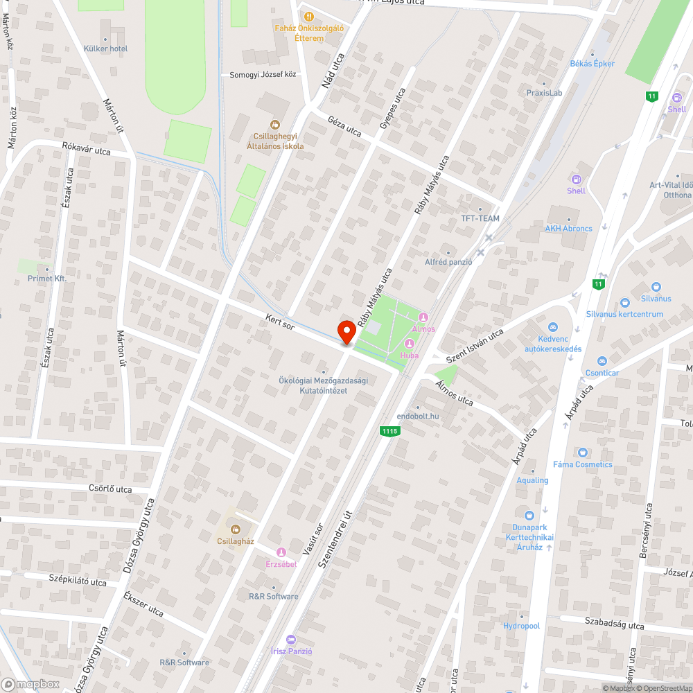 Ráby Mátyás utca és Kert sor kereszteződésben kátyú bejelentés helye