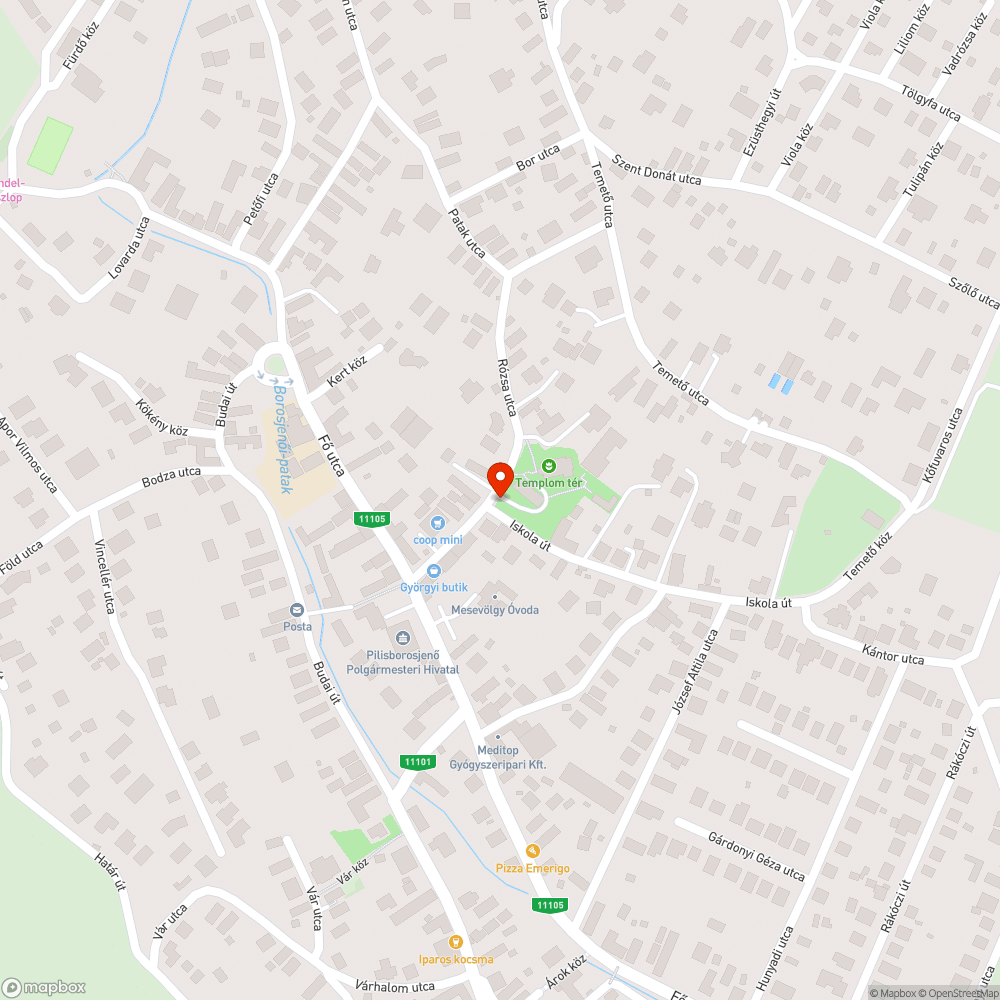 Templom u. Iskola u. sarkán lévő lámpa hibás bejelentés helye