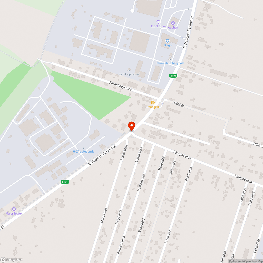 Óriás kátyú (II. Rákóczi Ferenc út - Lámpás utca) bejelentés helye