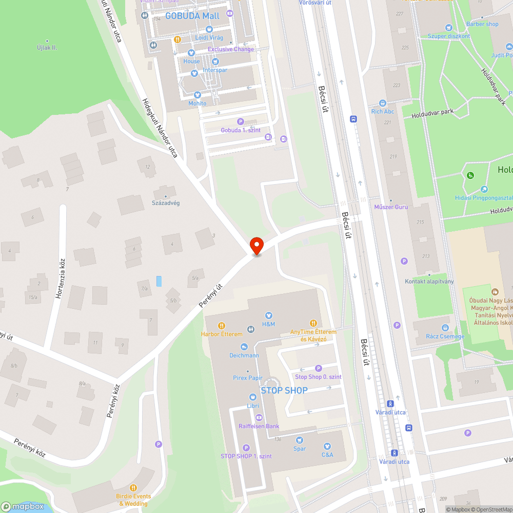 Perényi út - sérült korlát bejelentés helye