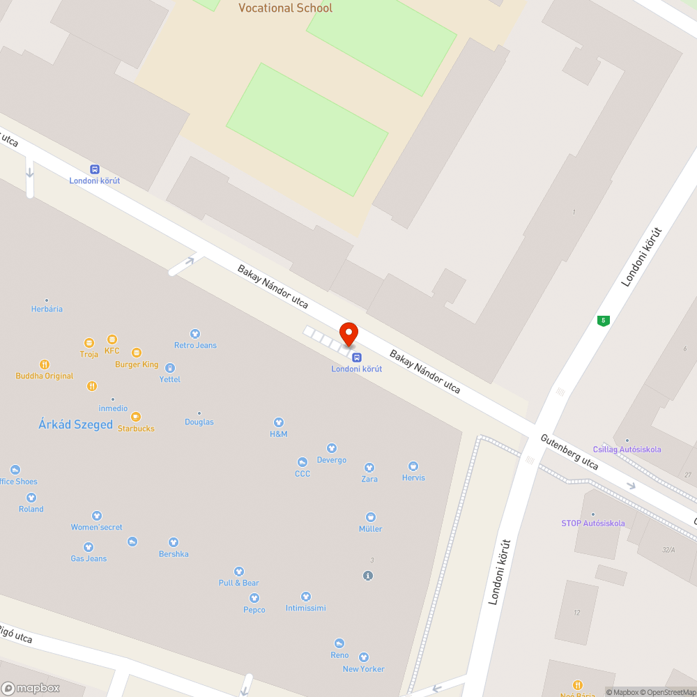 Megállóoszlop - Londoni körút (Bakay Nándor utca) bejelentés helye