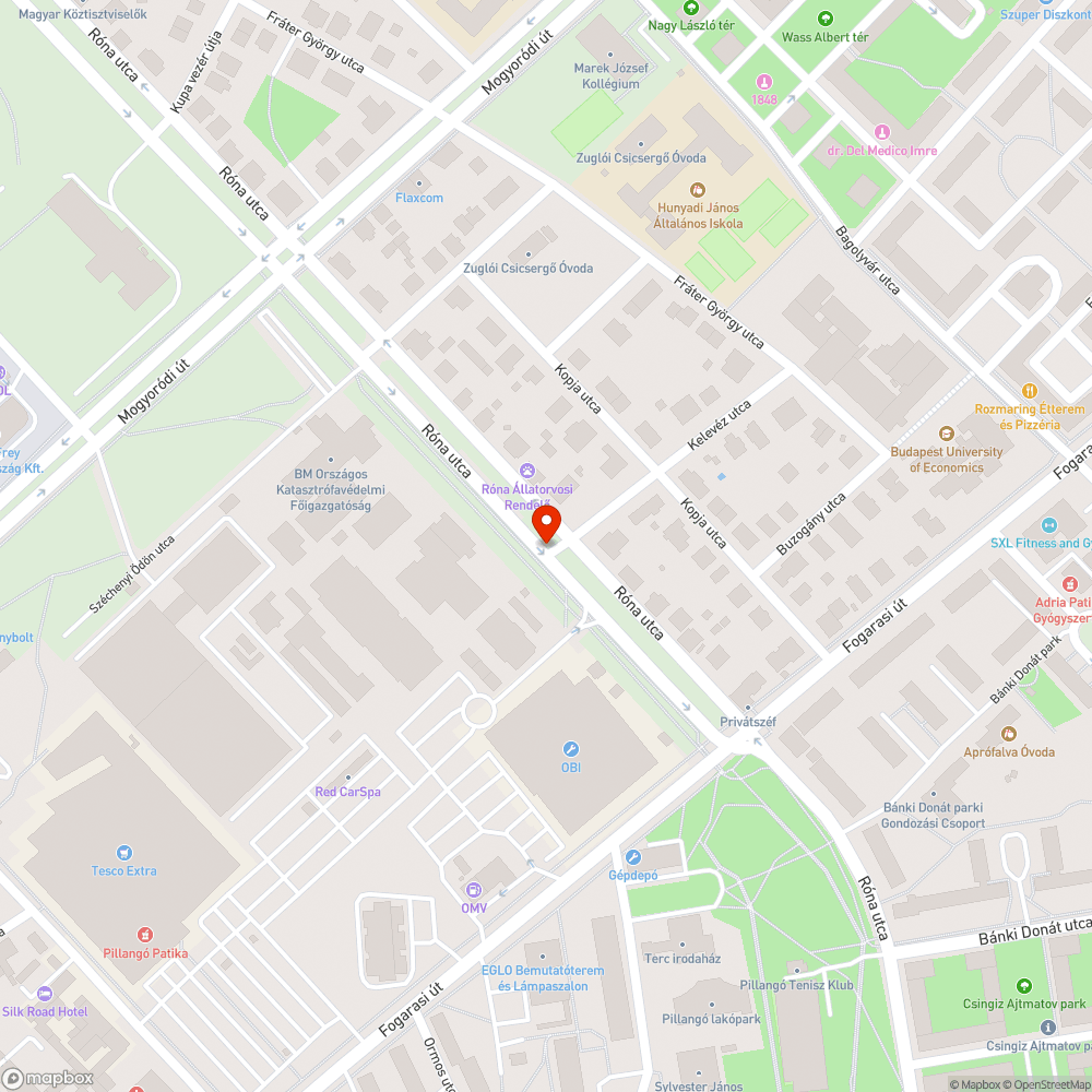 Róna utca 56 előtti zebra hiánya bejelentés helye