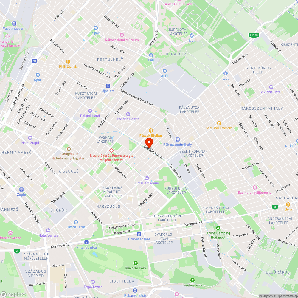 Kátyúk a Gvadányi utca szervízútján bejelentés helye