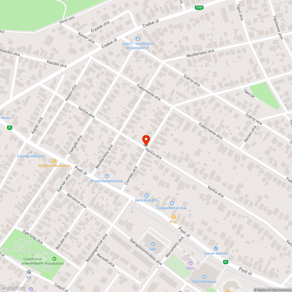 Csordás utcai kátyú bejelentés helye