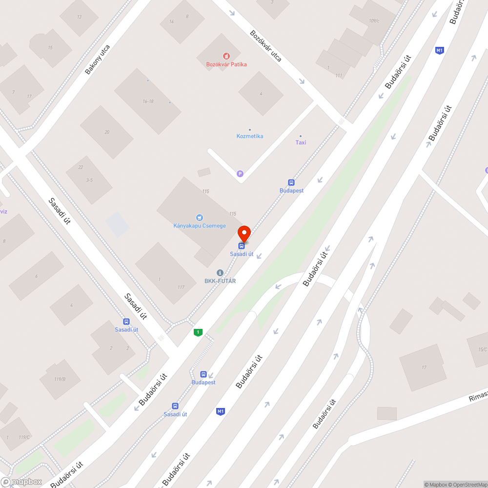 Budaörsi út 115. BKK buszmegálló kukája bejelentés helye